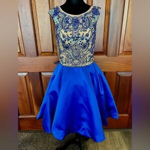 Sherri Hill Bright Blue Mesh Applicate Sequin Bead Rhinestone Swing Dress Sz 10
